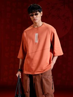 WROGN - Men’S Oversized 3/4 Sleeve T-Shirt With Chest Print And Tonal Stich Detail Rust