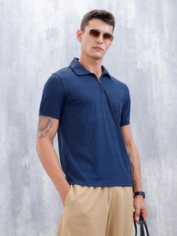 WROGN - Classic Textured Mens Polo T-Shirt Navy Blue