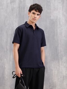 WROGN - Jacquard Textured Knit Polo In Slim Fit Navy Blue