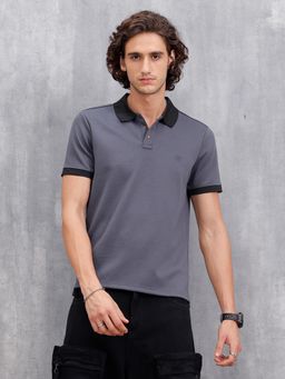 WROGN - Men Slim Fit Polo Collar T-Shirt With Contrast Collar Dark Grey