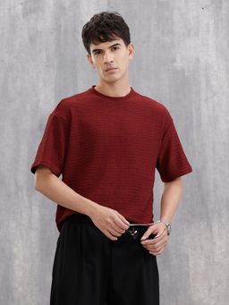 WROGN - Oversized Jacquard Textured Crew Neck T-Shirt Maroon