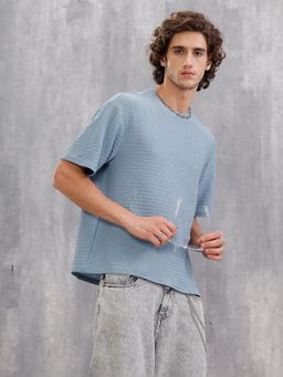 WROGN - Oversized Jacquard Textured Crew Neck T-Shirt Blue