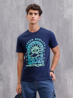 WROGN - Zen Inspired Chest Print Brand Carrier Crew Neck T-Shirt Navy Blue