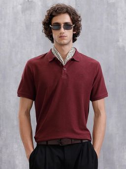 WROGN - Solid Crinkle Texture Polo T-Shirt Maroon