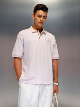 WROGN - Mens Oversize Polo T-Shirt With Contrast Collar And Graphic Chest Pink
