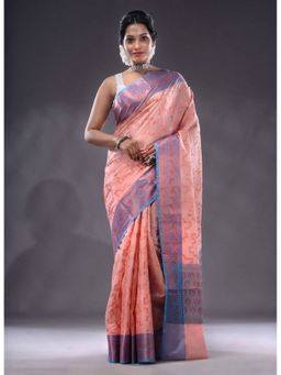 CHARUKRITI - Peach Handwoven Banarasi Silk Saree With Unstitched Blouse