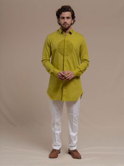 Runit Gupta - Green Smocking Short Kurta-tuxedo Shirt (Set of 2)