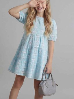 ONLY - Girls Blue Embroidered Tiered Dress