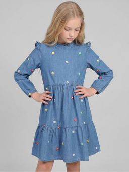 ONLY - Girls Floral Embroidered Denim Dress