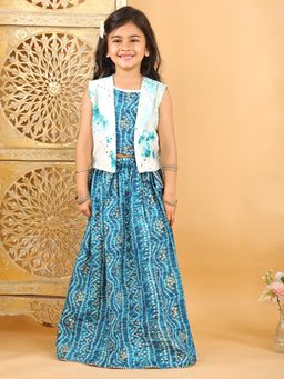 Kinder Kids - Blue Girls Tie & Dye Ready to Wear Lehenga with Top & Jacket