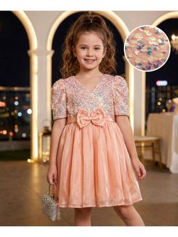 Hola Bonita - Sequin Detailing Woven Half Sleeves Party Dress