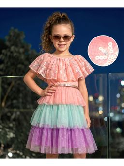 Hola Bonita - Knit Floral Cape Sleeves Foil Printed Party Dress with Belt