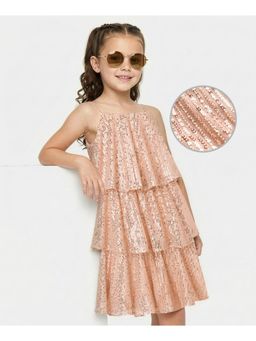 Hola Bonita - Peach Sequin Detaling Knit Sleeveless Tiered Party Dress