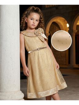 Hola Bonita - Knit Mesh Foil Corsage Sleeveless Party Dress with Belt