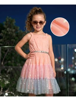 Hola Bonita - Knit Sleeveless Mesh Foil Printed Tiered Party Dress with Belt