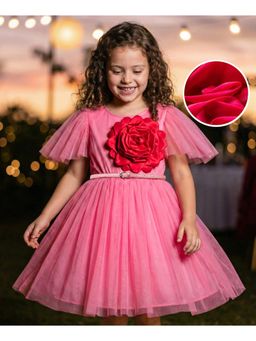 Hola Bonita - Floral Applique Knit Half Sleeves Glitter Mesh Party Dress and Belt