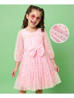 Hola Bonita - Bow Knit Three Fourth Sleeves Foil Printed Mesh Party Dress