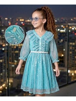 Hola Bonita - Frill Sequin Detailing Knit Three Fourth Sleeves Party Dress with Belt