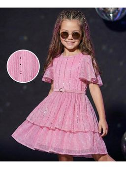 Hola Bonita - Party Wear Flared Sleeves Glitter Party Dress with Belt