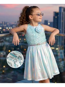 Hola Bonita - Blue Sequin Detailing Knit Shimmer Party Dress with Belt