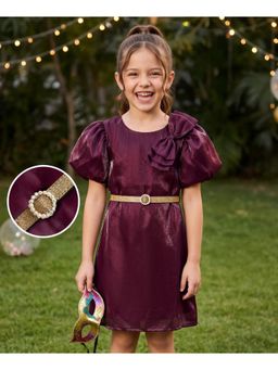 Hola Bonita - Maroon Bow Applique Woven Half Puffed Sleeves Solid Party Dress with Belt
