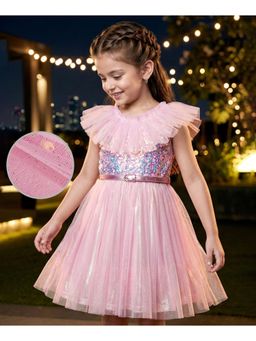 Hola Bonita - Sequin Detailing Glitter Mesh Knit Frill Sleeves Party Dress with Belt