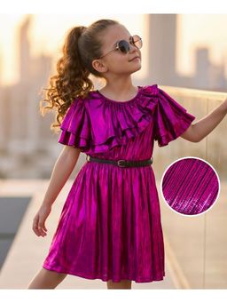 Hola Bonita - Knit Half Flutter Sleeves Glitter Party Dress with Belt