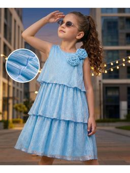 Hola Bonita - Floral Applique Knit Shimmer Pleated Tiered Party Dress