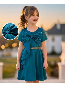 Hola Bonita - Teal Bow Detailing Woven Half Sleeves Solid Party Dress with Belt Pearl