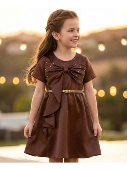 Hola Bonita - Brown Bow Detailing Woven Half Sleeves Solid Party Dress with Belt Pearl