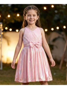 Hola Bonita - Bow Detailing Knit Shimmered Pleated Over Lapping Party Dress with Belt