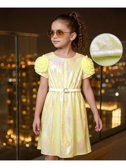 Hola Bonita - Floral Applique Knit Half Sleeves Shimmered Party Dress with Belt
