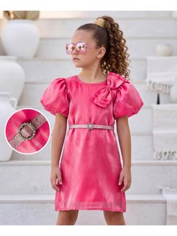 Hola Bonita - Pink Bow Applique Woven Half Puffed Sleeves Solid Party Dress with Belt