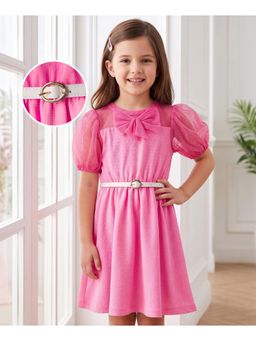 Hola Bonita - Bow Applique Knit Half Puffed Sleeves Knee Length Dress and Belt