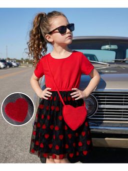 Hola Bonita - Knit Half Sleeves Heart Printed Frock & Sling Bag