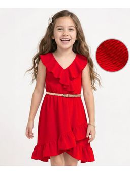 Hola Bonita - Red Knit Sleeveless Solid Dress with Belt