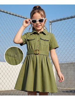 Hola Bonita - Cotton Woven Half Sleeve Solid Dress with Belt