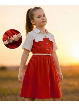 Hola Bonita - Cotton Woven Half Sleeves Knee Length Colorblock Dress with Belt