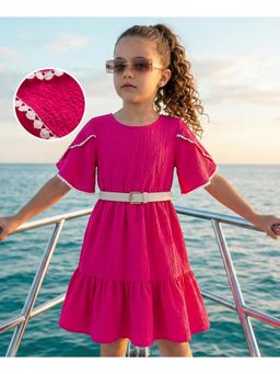Hola Bonita - Lace Detailing Cotton Woven Half Sleeves Knee Length Dress and Belt