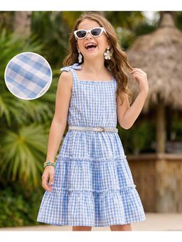Hola Bonita - Bow Applique Woven Knee Length Checks Tiered Dress with Belt