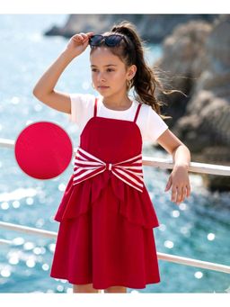 Hola Bonita - Bow Applique Cotton Woven Half Sleeves Frock with Inner T-Shirt