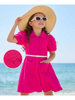 Hola Bonita - Woven Half Puffed Sleeves Solid Dress with Belt