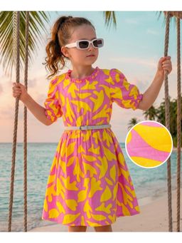 Hola Bonita - Woven Half Sleeves Printed Dress with Belt