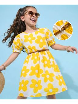 Hola Bonita - Floral Print Woven Half Sleeves Dress and Belt