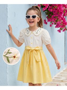 Hola Bonita - Floral Embroidery Cotton Woven Half Sleeves Dress and Belt