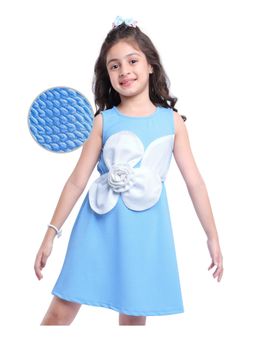 Hola Bonita - Blue Floral Applique Knit Textured Fabric Knee Length Dress