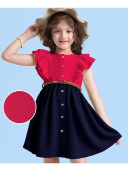 Hola Bonita - Knit Frill Sleeves Colorblock Front Open Dress with Belt