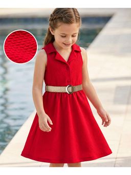 Hola Bonita - Knit Sleeveless Textured Fabric Solid Shirt Dress with Belt