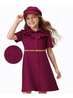 Hola Bonita - Knit Half Sleeves Textured Fabric Solid Dress with Belt & Cap