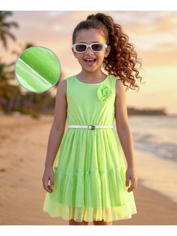 Hola Bonita - Floral Applique Knit Sleeveless Solid Tiered Dress with Belt